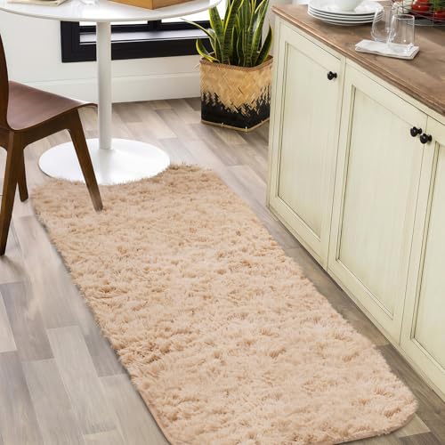 CHOSHOME Hochflor Teppich Wohnzimmer Beige Teppiche 40x120CM Schlafzimmer Teppich Modern Flauschig Weich Wohnzimmer Läufer Carpet Langflor Shaggy Einfarbig Bettvorleger rutschfest von CHOSHOME
