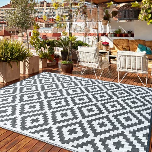 CHOSHOME Outdoor Teppich Wetterfest Balkon Teppiche 180x270CM Wasserabweisend UV Beständig Teppich Outdoor Modern Camping Teppiche Plastik Recyceltem Außenteppich BBQ Picknick Grau Wendbarer von CHOSHOME