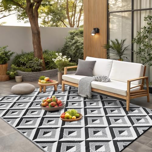CHOSHOME Outdoor Teppich Wetterfest 150x240cm Wasserdicht Reversible UV-beständig, Kunststoff Garten Teppich für Terrasse Balkon Camping, Langlebig & Leichte Faltbare Matte für Hof RV Garten, Schwarz von CHOSHOME