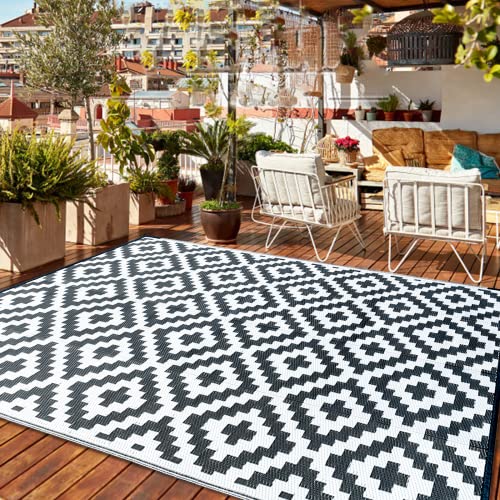 CHOSHOME Teppich Outdoor Wetterfest 150X240CM Balkon Teppich Wetterfester In-& Outdoor Teppich Modern Strapazierfähige Teppiche für Terrasse Garten Geeignet Teppich Wohnzimmer Schwarz UV Beständig von CHOSHOME