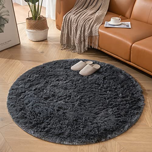 CHOSHOME Teppich Rund 120CM Wohnzimmer Hochflor Waschbar Teppich Shaggy Grau Runden Teppiche Einfarbig Runder Flauschig Teppiche Weich rutschfest fürs Flur Schlafzimmer Kinderzimmer von CHOSHOME