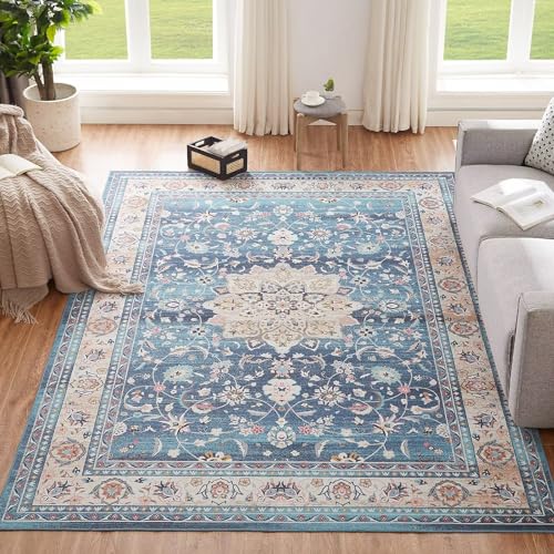 CHOSHOME Teppich Wohnzimmer 160x230CM Teppich Waschbar in Waschmaschine Teppiche Teppich Schlafzimmer Blau Boho Vintage Kurzflor Teppich Flauschiger In und Outdoor Teppiche rutschfest von CHOSHOME