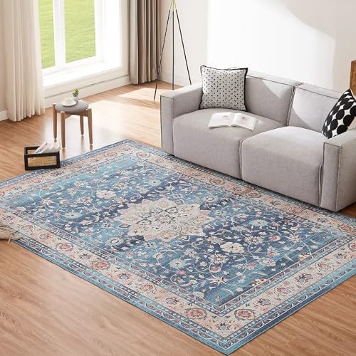 CHOSHOME Teppich Wohnzimmer 200x290CM Waschbar in Waschmaschine Teppiche Schlafzimmer Blau Boho Vintage Kurzflor Teppich Flauschiger In und Outdoor rutschfest von CHOSHOME