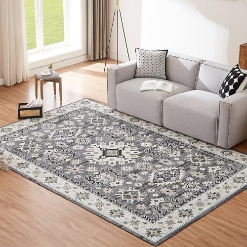 CHOSHOME Teppich Wohnzimmer 200x290CM Waschbar in Waschmaschine Teppiche Teppich Schlafzimmer Grau Boho Teppich Vintage Kurzflor Teppich Flauschiger In und Outdoor Teppiche rutschfest von CHOSHOME