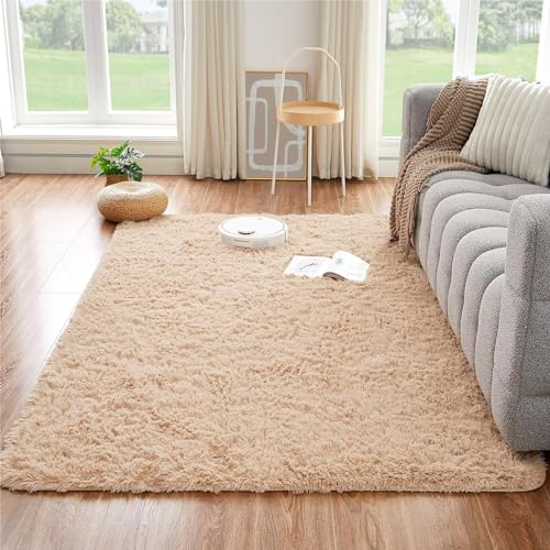CHOSHOME Teppich Wohnzimmer Beige Schlafzimmer Teppiche Modern Flauschig Weich Teppich Wohnzimmer Läufer Carpet Langflor Shaggy Einfarbig Bettvorleger Anti-Rutsch Unterseite Teppiche 150x240CM von CHOSHOME