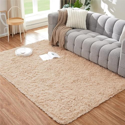 CHOSHOME Teppich Wohnzimmer Beige Schlafzimmer Teppich Modern Flauschig Weich Teppich Wohnzimmer Läufer Carpet Langflor Shaggy Einfarbig Bettvorleger Anti-Rutsch Unterseite Teppich 200x290CM von CHOSHOME