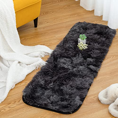 CHOSHOME Teppich Wohnzimmer Moderner Flauschiger Teppiche, Anti-Rutsch Unterseite, Waschbarer Teppich Schlafzimmer Hochflor Schlafzimmer Rutschfest Flauschig Weich Teppiche Dunkelgrau/Schwarz 40x120CM von CHOSHOME