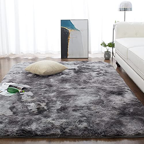 CHOSHOME Teppich Wohnzimmer Shaggy Hochflor Schwarz Langflor Kinderzimmer Modern Batik Jugendzimmer Flauschig Teppich Groß, Dunkelgrau/Schwarz 90x150CM von CHOSHOME