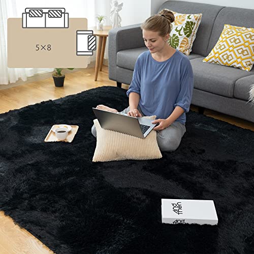 CHOSHOME Teppich Wohnzimmer Weich Schlafzimmer Teppiche Schwarz Shaggy Flauschiger Anti-Rutsch Unterseite Teppich Moderner Flur Hochflor Groß Teppiche 150x240cm von CHOSHOME