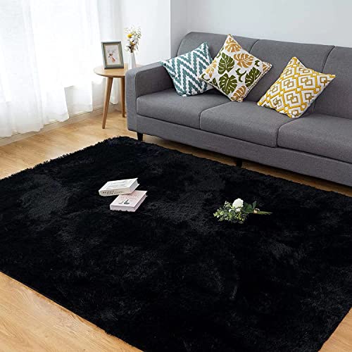 CHOSHOME Teppich Wohnzimmer Weich Shaggy Schlafzimmer Teppich Wohnzimmer Anti-Rutsch Unterseite Teppiche Flauschiger Moderner Teppiche Shaggy Hochflor Läufer 90x150CM Schwarz von CHOSHOME