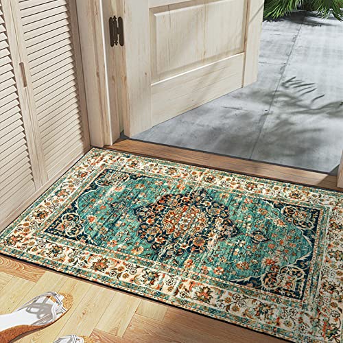 CHOSHOME Waschbarer Teppich Schlafzimmer Vintage Kurzflor Teppich Wohnzimmer rutschfest Teppich Läufer 60x110CM Vintage Teppich Outdoor Teppich Mit Orient Design Teppich Klein Innen Teppich Blau von CHOSHOME