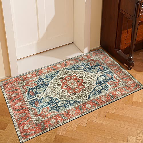 CHOSHOME Waschbarer Teppich Schlafzimmer Vintage Kurzflor Teppich Wohnzimmer rutschfest Teppich Läufer 60x110CM Vintage Teppich Outdoor Teppich Mit Orient Design Teppich Klein Innen Teppich Orange von CHOSHOME