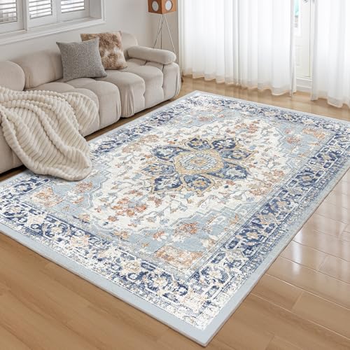 CHOSHOME Waschbarer Teppich Wohnzimmer 120X170CM Teppiche Kurzflor Schlafzimmer rutschfest Teppich Flauschiger Vintage Tiefblau von CHOSHOME