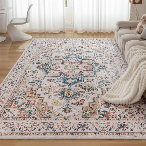 CHOSHOME Waschbarer Teppich Wohnzimmer 120x170CM Vintage Kurzflor Teppiche Groß Weiche Teppich für Schlafzimmer rutschfest Flauschiger Teppiche Beige von CHOSHOME