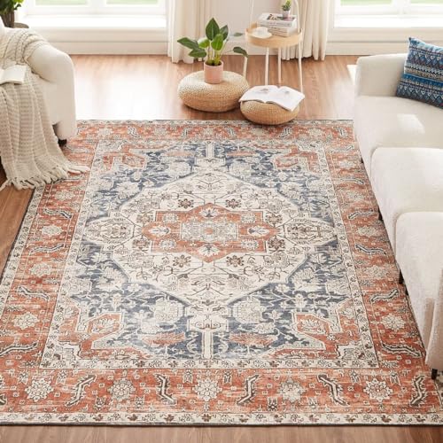 CHOSHOME Waschbarer Teppich 200x290CM Vintage Kurzflor Mit Orient Design Groß Weich für Wohnzimmer, Esszimmer, Schlafzimmer Rutschfest Kunstwolle Boho Outdoor Orange von CHOSHOME