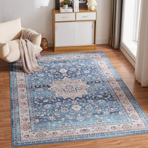 CHOSHOME Waschbarer Teppich Wohnzimmer 80x150CM Teppich Schlafzimmer Vintage Kurzflor Teppiche Flauschiger rutschfest Teppiche Blau von CHOSHOME