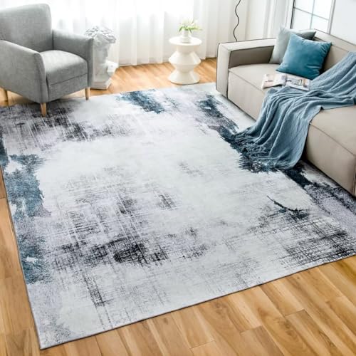 CHOSHOME Waschbarer Teppich Wohnzimmer 80x150CM Kurzflor Teppich Schlafzimmer Abstrakt Modern Teppich rutschfest Balkon Teppich Kunstwolle fur In und Outdoor Teppich Weicher Teppich Läufer Blau von CHOSHOME