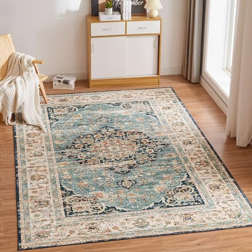 CHOSHOME Waschbarer Teppich Wohnzimmer 120x170CM Vintage Kurzflor Mit Orient Design Groß Weiche für Esszimmer Schlafzimmer rutschfest Kunstwolle Boho In & Outdoor Blau von CHOSHOME