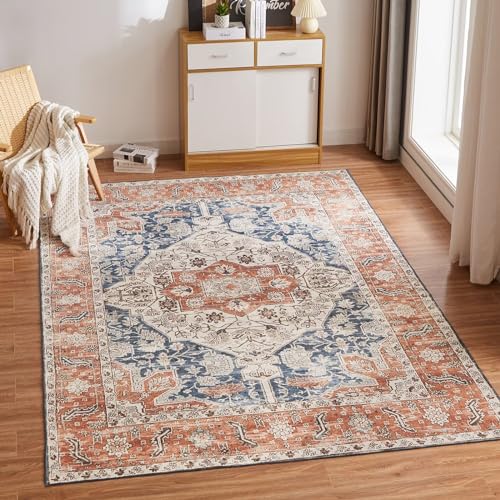 CHOSHOME Waschbarer Teppich Wohnzimmer 120x170CM Vintage Kurzflor Groß Weiche Teppich Mit Orient Design für Esszimmer Schlafzimmer rutschfest, Kunstwolle Boho Outdoor Orange von CHOSHOME