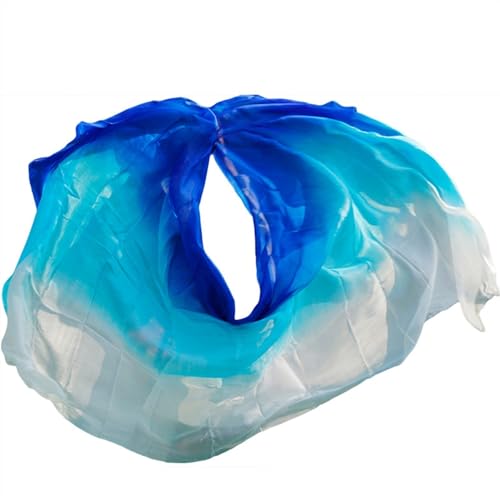 Tanzfächer, Seidenfächer, Bauchtanz-Seidenschleier, Farbverlaufsschal, Performance-Schal, handgefertigt, natürliche echte Seide, handgeworfen, for Erwachsene und Frauen(Blue Turquoisewhite,90x200cm) von CHOUXUANGA