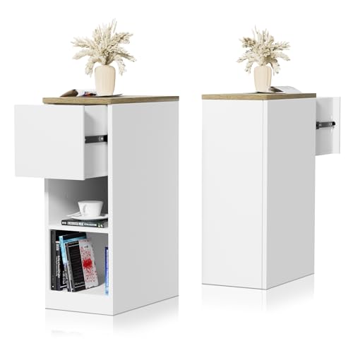 CHOWGOLI 2er Set Nachttisch Schmal, Nachttisch Klein für Schlafzimmer, Wohnzimmer, Beistelltisch mit Schublade und Offene Fach Einstellbare, Nachtschrank Schmal Weiß, 45x25x70cm von CHOWGOLI
