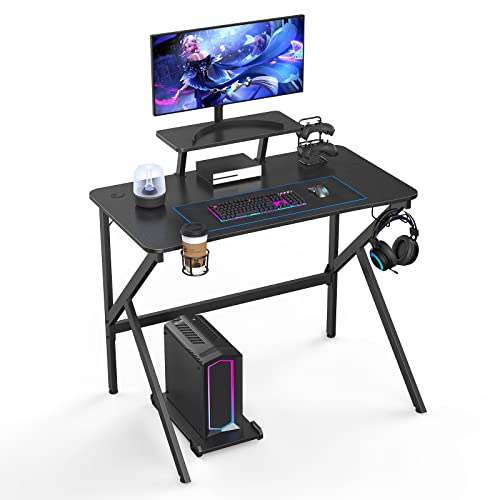 CHOWGOLI Gaming Tisch 100x55x75cm, Gaming Schreibtisch Schwarz KohlefaseroberfläChe, K Rahmen PC Tisch, Computertisch mit MonitorstäNder, GeträNkehalter, KopfhöRerhaken, Ergonomischer Gaming Desk von CHOWGOLI