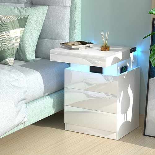 CHOWGOLI Nachttisch, LED Nachtschrank mit Steckdose und Ladefunktion, Nachtkommode mit 3 Schubladen und Oberes Schiebe-Regal, Nightstand Hochglanz-Paneele, Nachttisch Weiß, 45x40x67cm von CHOWGOLI