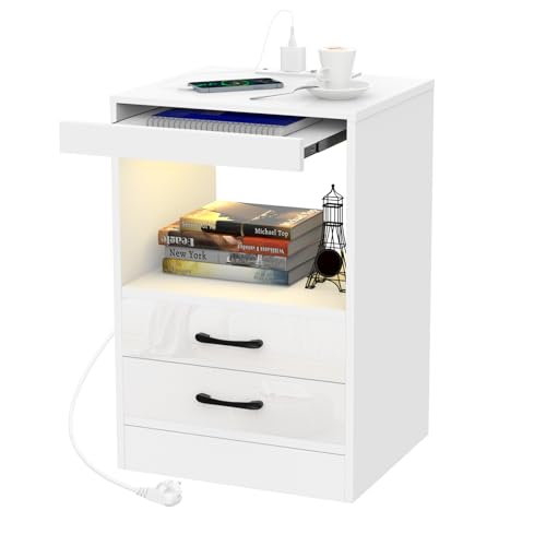 CHOWGOLI Nachttisch, LED Nachttisch mit Steckdose und Ladefunktion, Nachtschrank mit 2 Schubladen, Offenem Fach und Schiebe-Regal, Nightstand Weiß, 40x35x60cm von CHOWGOLI
