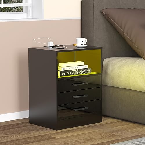 CHOWGOLI Nachttisch, LED Nachttisch mit Steckdose und Ladefunktion, Nachtschrank mit 3 Schublade und Offenem Fach, Nightstand Schwarz, 45x35x60cm von CHOWGOLI