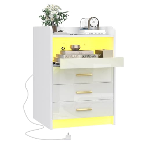 CHOWGOLI Nachttisch, Nachtschrank mit Steckdose und Ladefunktion, Nachttische mit LED-Streifen, Nachtkommode mit 3 Schubladen und 1 offenem Fach, Push-Pull-Regale, 45x40x65cm, Nightstand Weiß von CHOWGOLI