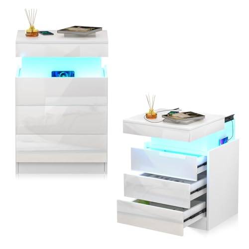CHOWGOLI Nachttisch 2er Set, LED Nachtschrank mit Steckdose, Nachtkommode mit 3 Schubladen und Oberes Schiebe-Regal, Nightstand Hochglanz-Paneele, Nachttisch Weiß, 45x40x67cm von CHOWGOLI