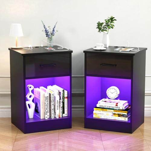 CHOWGOLI Nachttisch 2er Set, LED Nachtschrank mit Steckdose & Ladefunktion, Nachtkommode mit Schubladen und Offenes Fach, Nightstand Hochglanz-Schubladenfronten, Nachtkästchen Schwarz, 45x35x60cm von CHOWGOLI