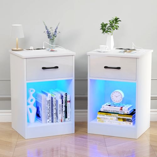 CHOWGOLI Nachttisch 2er Set, LED Nachtschrank mit Steckdose & Ladefunktion, Nachtkommode mit Schubladen und Offenes Fach, Nightstand Hochglanz-Schubladenfronten, Nachtkästchen Weiß, 45x35x60cm von CHOWGOLI