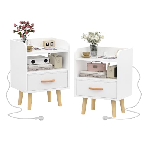 CHOWGOLI Nachttisch 2er Set, Nachtschrank mit Steckdose und Ladefunktion, Beistelltisch Klein mit Stoffschublade und Offene Fach und 4 Holzbeinen, Skandinavischer Stil Weiß Nachtkästchen, 40x30x55cm von CHOWGOLI