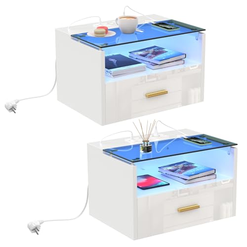CHOWGOLI Nachttisch Hängend 2er Set, Nachtschrank Wandmontage mit Steckdose und Ladefunktion, mit LED-Streifen, Nachttisch Schwebend mit 1 Schubladen und 1 Offenem Fach, 42x30x24.5 cm, Weiß CHOWGOLI Nachttisch Hängend 2er Set, Nachtschrank Wandmontage mit Steckdose und Ladefunktion, mit LED-Streifen, Nachttisch Schwebend mit 1 Schubladen und 1 Offenem Fach, 42x30x24.5 cm, Weiß von CHOWGOLI