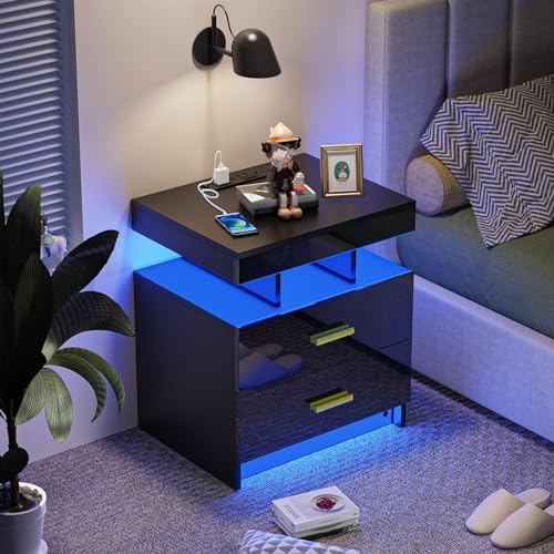 CHOWGOLI Nachttisch LED, Nachtschrank mit Steckdose und Ladefunktion, Beistelltisch mit 2 Schublade Viel Stauraum, Nightstand für Schlafzimmer Wohnzimmer, Nachttisch Schwarz, 50x40x58cm von CHOWGOLI