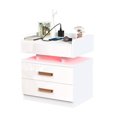 CHOWGOLI Nachttisch LED, Nachtschrank mit Steckdose und Ladefunktion, Beistelltisch mit 2 Schublade Viel Stauraum, Nightstand für Schlafzimmer Wohnzimmer, Nachttisch Weiß, 45x35x52cm von CHOWGOLI