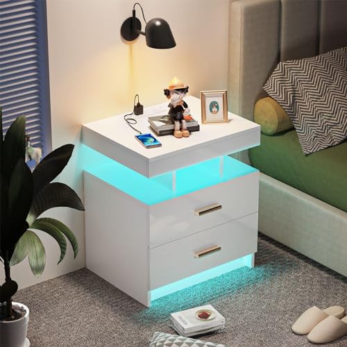 CHOWGOLI Nachttisch LED, Nachtschrank mit Steckdose und Ladefunktion, Beistelltisch mit 2 Schublade Viel Stauraum, Nightstand für Schlafzimmer Wohnzimmer, Nachttisch Weiß, 50x40x58cm von CHOWGOLI