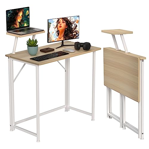 CHOWGOLI Schreibtisch Klappbar, Computertisch Klappbar mit Monitorablage, Faltbarer Kleiner Schreibtisch Platzsparend, Klappbarer Schreibtisch für Zuhause und Büro, Klappschreibtisch Beige, 80x45x75cm von CHOWGOLI
