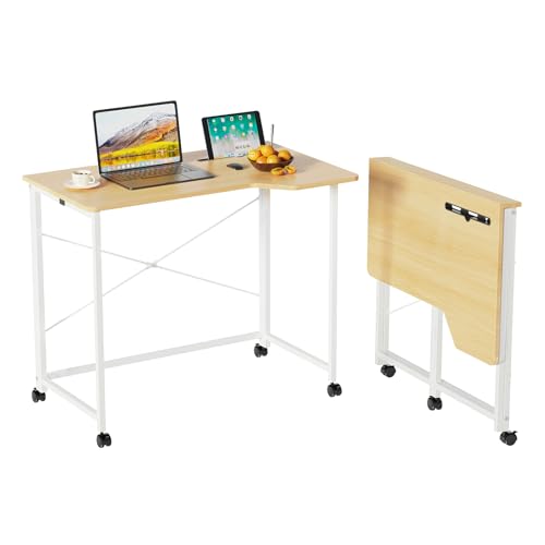 CHOWGOLI Schreibtisch klappbar mit Tablet Steckplatz, Mobiler Computertisch mit 4 Rollen, Faltbar PC Tisch Bürotisch für Home Office 90x56x75cm, Klappschreibtisch Holz Beige von CHOWGOLI