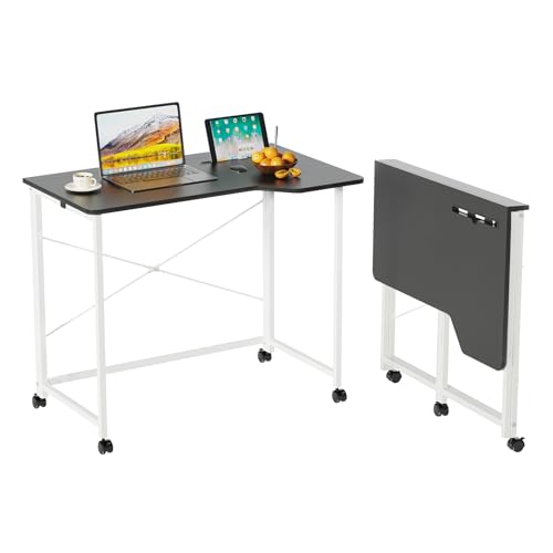 CHOWGOLI Schreibtisch klappbar mit Tablet Steckplatz, Mobiler Computertisch mit 4 Rollen, Faltbar PC Tisch Bürotisch für Home Office 90x56x75cm, Klappschreibtisch Holz Schwarz von CHOWGOLI