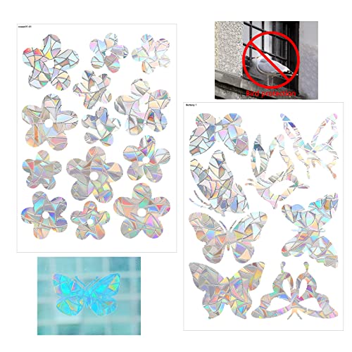 CHRI Suncatcher Sticker 21 STK, Fensteraufkleber Vogelschutz Prisma Fensteraufkleber Schmetterling und Blumenmuster für Glasscheiben Anti-Kollision Fenster Aufkleber Sticker von CHRI