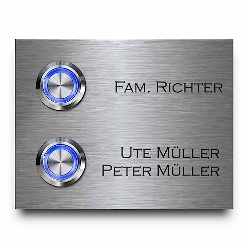 2 Fach Edelstahl mit Gravur - Klingel Modell Twin ab 9x7 cm und zwei Premium LED Klingelknopf Taster | Klingelschilder optional mit Acrylglasplatten | Klingelplatte für Mehrfamilienhaus von CHRISCK design