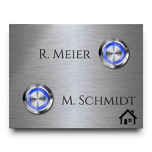 2 Fach Türklingel aus Edelstahl mit Gravur und Namen - Modell Wagner ab 9x7 cm | Klingelplatte mit 2 LED-Klingeltastern | Personalisiert mit Wunschtext und Motiven | Klingel für Mehrfamilienhaus von CHRISCK design