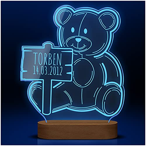 CHRISCK design Bär LED Nachtlicht Kinder mit Deiner Wunsch-Gravur | Hochglanz Acrylglas mit Holzständer und USB-Kabel - verschiedene Einstellungen | Geschenke für Kinder Babys Baby Shower von CHRISCK design