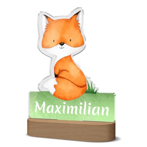 Buntes Nachtlicht mit Fuchs Design und individuellem Kindernamen | ideal als Geschenk für zB eine Taufe - mit beleuchtetem Holzsockel von CHRISCK design