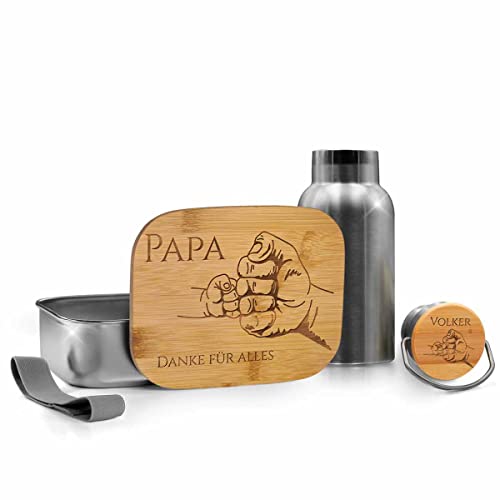 CHRISCK design Brotdosenset mit Trinkflasche für Papa als Geschenk zum Geburtstag- personalisiertes Geburtstagsgeschenk für den besten Vater - Brotdose Edelstahl Holz Set mit Gravur von CHRISCK design