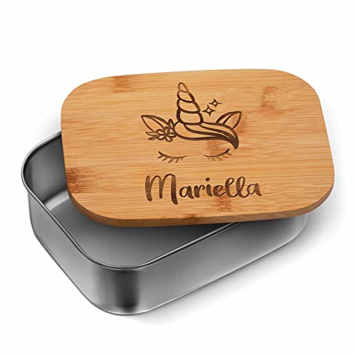 CHRISCK design Edelstahl Kinder Brotdose Einhorn Mädchen - mit Namen personalisiert – nachhaltige Brotzeitbox Brotbüchse - Lunchbox Kindergarten Schule - Personalisierte Snackbox Kind Metall von CHRISCK design