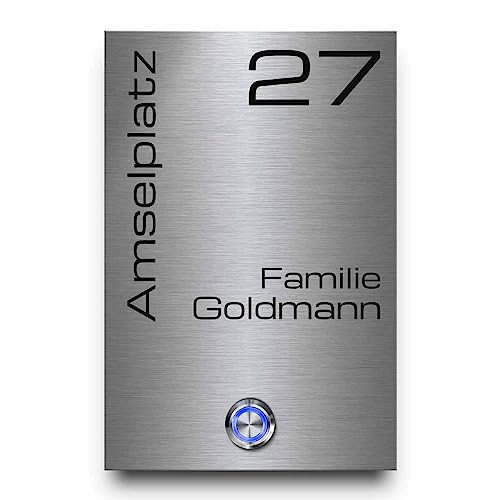 CHRISCK design - Edelstahl Türklingel mit Wunsch-Gravur, Led-Beleuchtung und Motiven - 12x18 cm | personalisierte Klingelplatte - Modell: Goldmann von CHRISCK design
