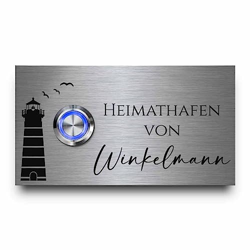 CHRISCK design - Edelstahl Türklingel mit individueller rostfreier Gravur | Klingelschild Modell Winkelmann 11x6 cm mit Namen und LED Klingelknopf | Große Motivauswahl von CHRISCK design